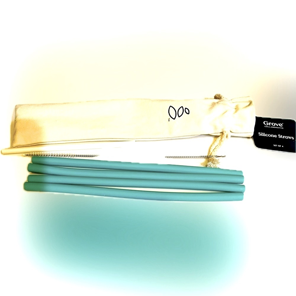 GROVE SILICONE DRINKING STRAWS WITH STORAGE BAG & CLEANING BRUSH BLUE TEAL AQUA